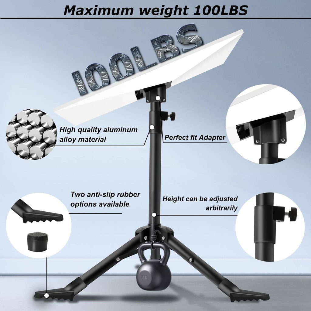 Adjustable-height tripod satellite dish mount with central pole and four mounting ports.