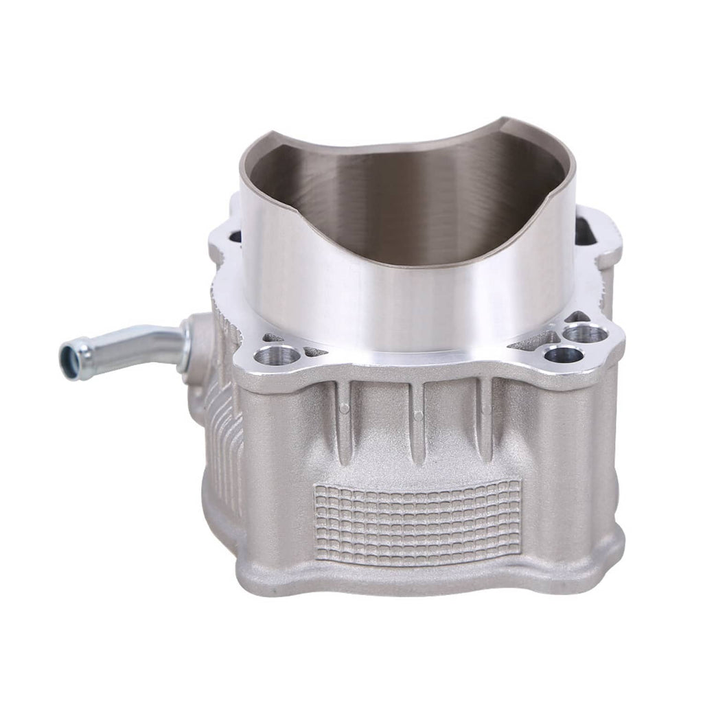 Big-bore motorcycle cylinder block with side ports and mounting hardware, silver