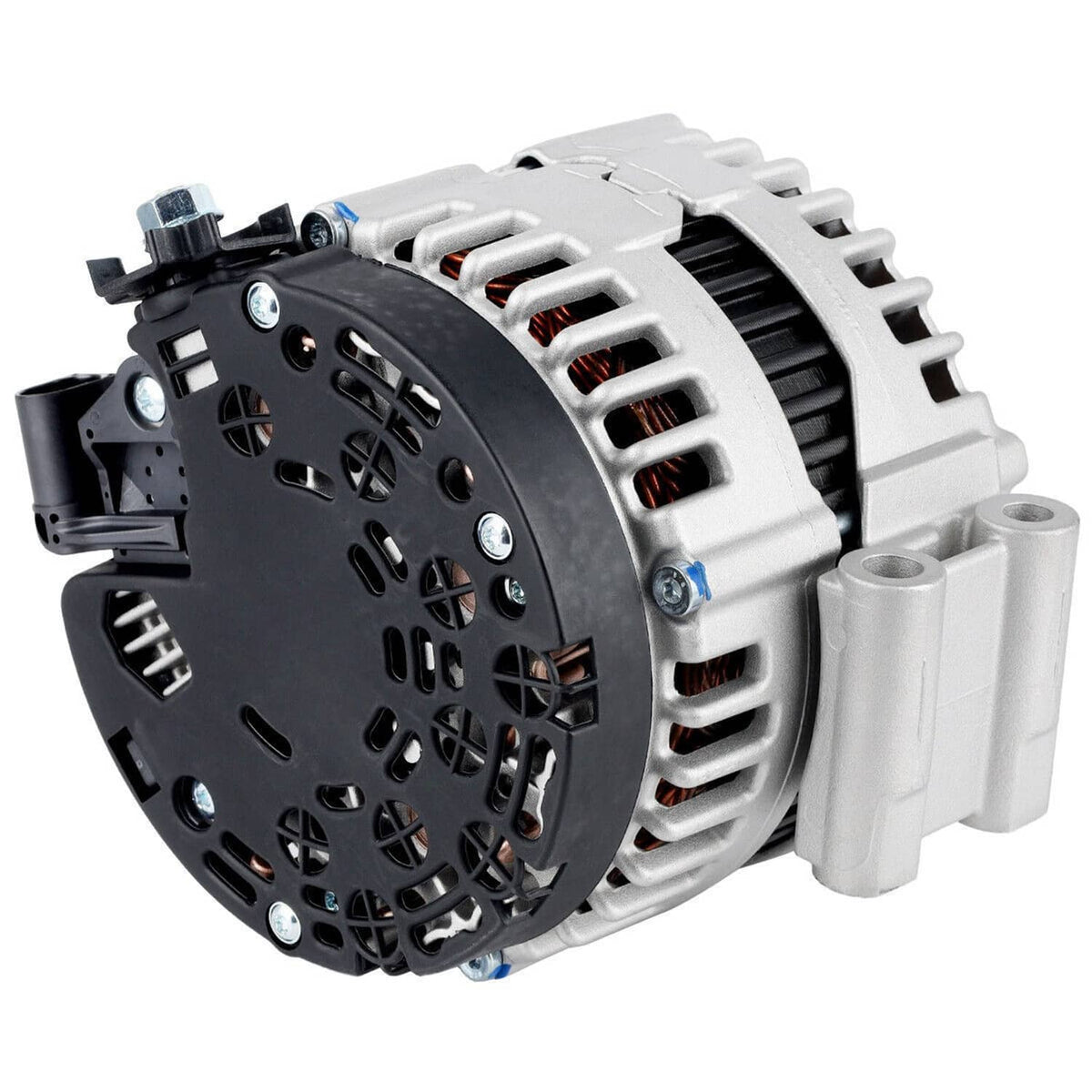 Automotive alternator viewed from side, black fan and silver casing with mounting points