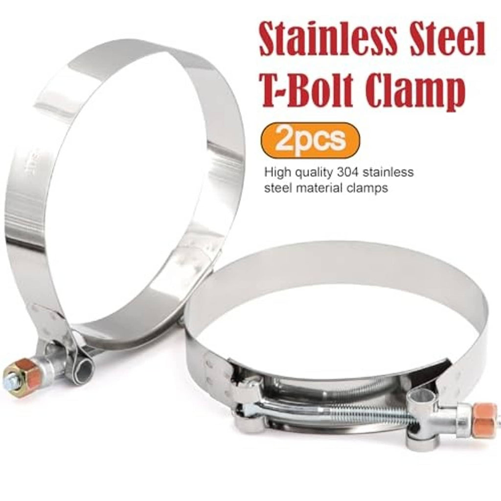 Stainless steel T-bolt hose clamps, 2-piece set with sealing bands.
