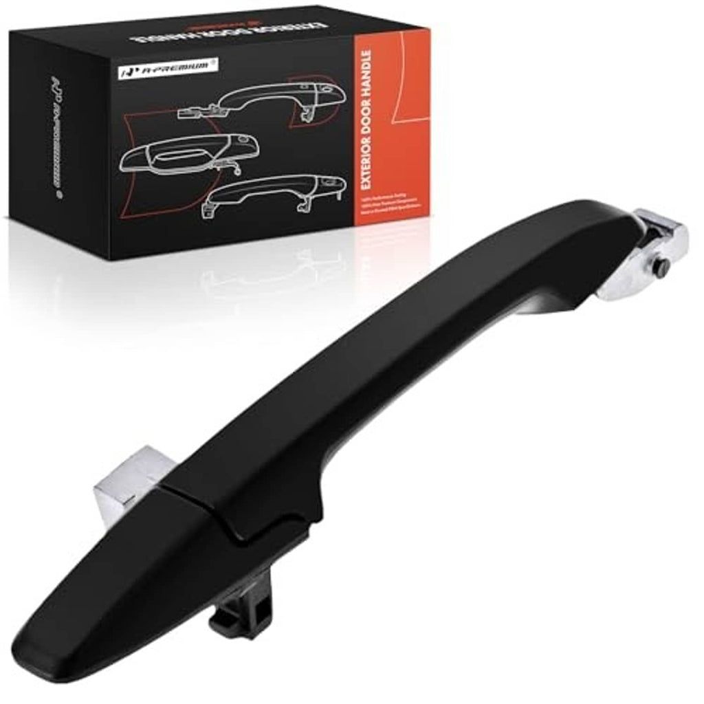 Black exterior door handle with chrome end cap and mounting clips, passenger-side fit