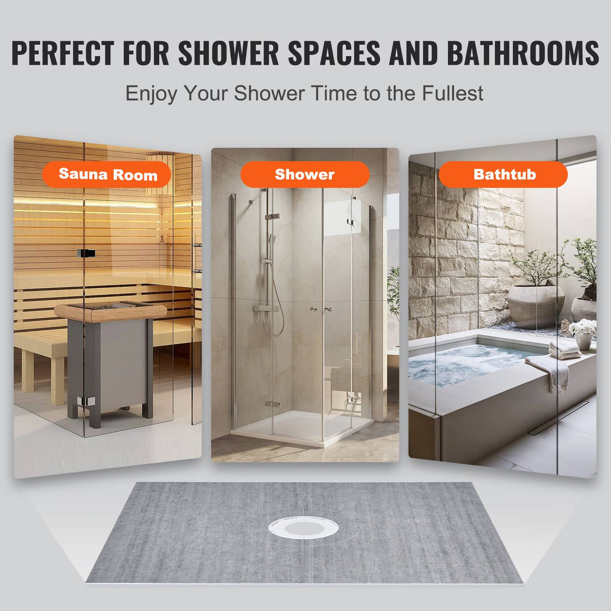 Gray shower curb pan kit for shower spaces and bathrooms with central drain hole