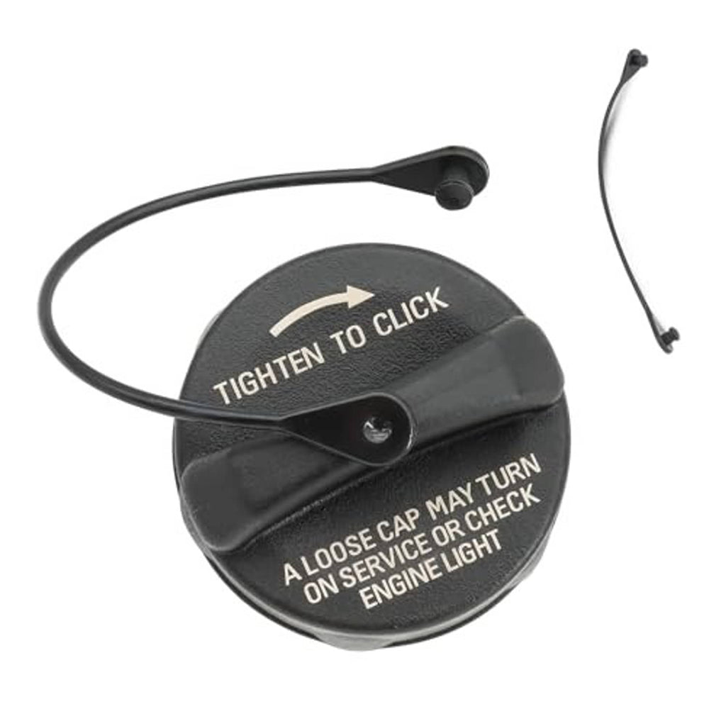Fuel gas cap with tether and click-style top, black plastic with release button