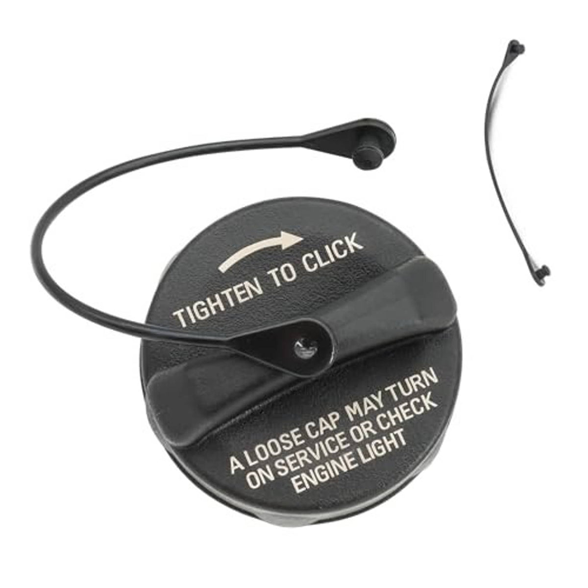 Fuel gas cap with tether and click-style top, black plastic with release button