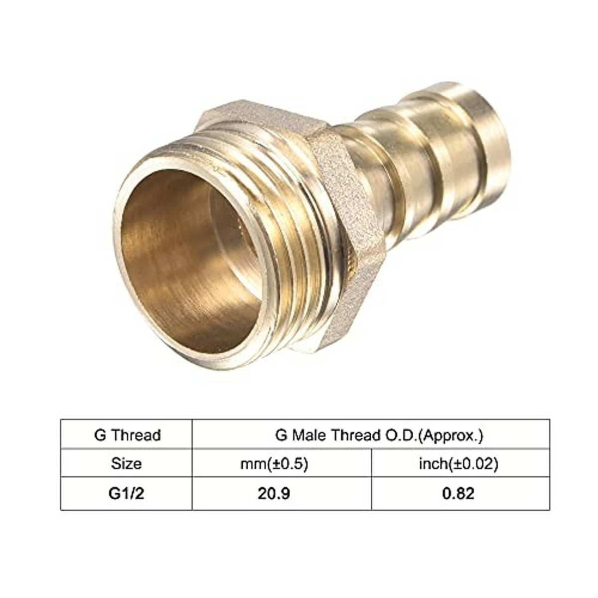 Brass straight barb connector, G1/2 male thread, 12mm hose end