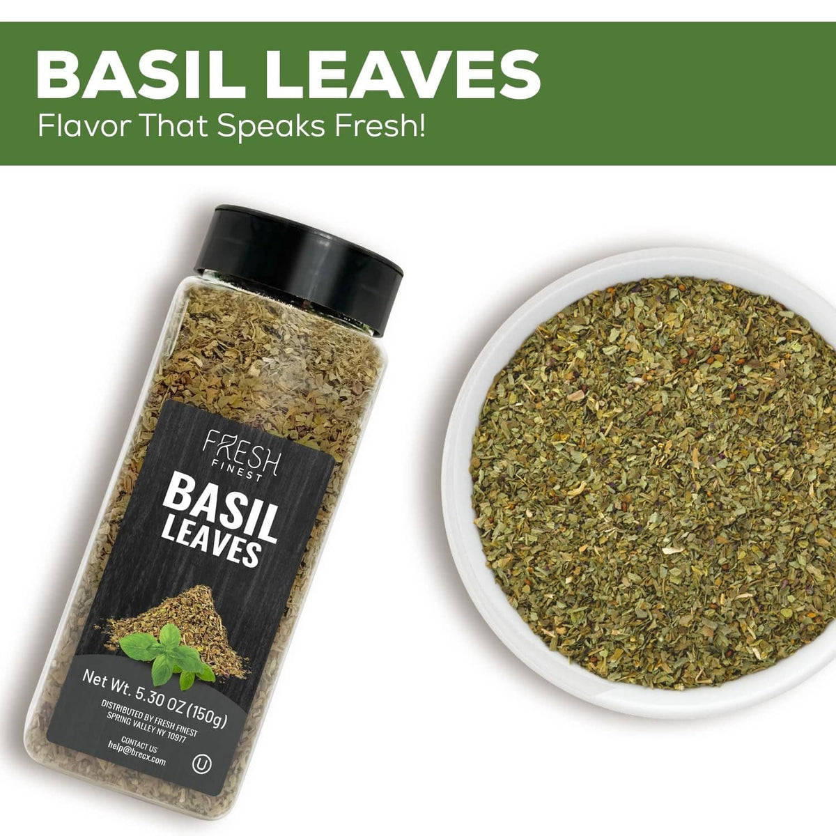 Dried basil leaves bottle and white bowl of dried herbs