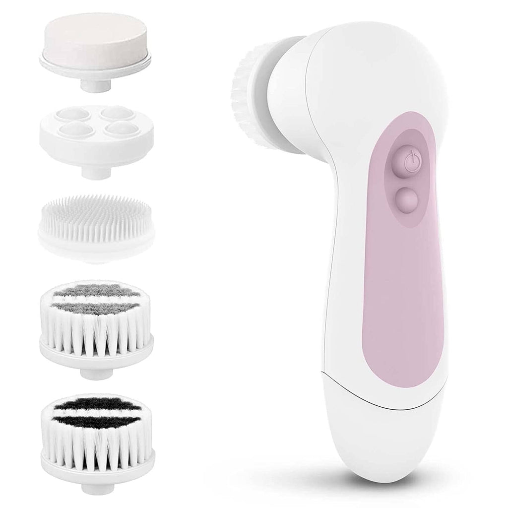 Facial cleansing spin brush with purple handle and four visible replaceable brush heads