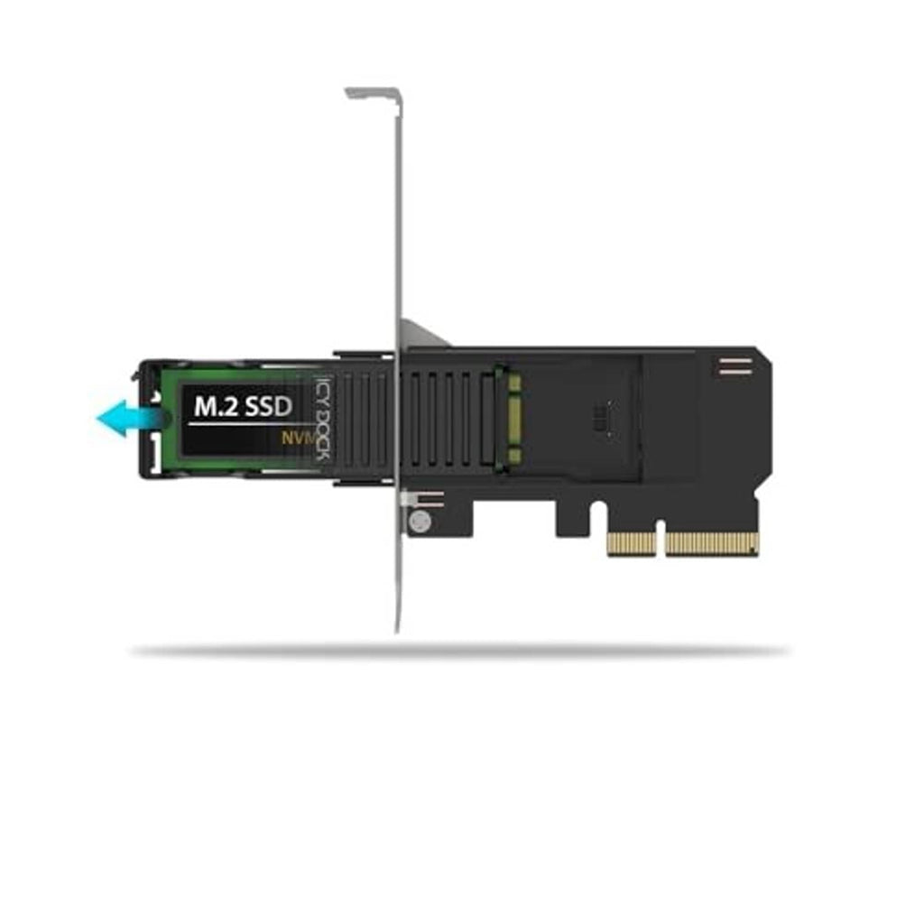Black PCIe to NVMe M.2 adapter card with built-in heatsink and installed M.2 SSD
