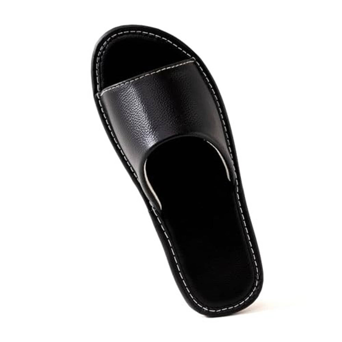 Black leather slide sandal with open toe and padded footbed, front view.