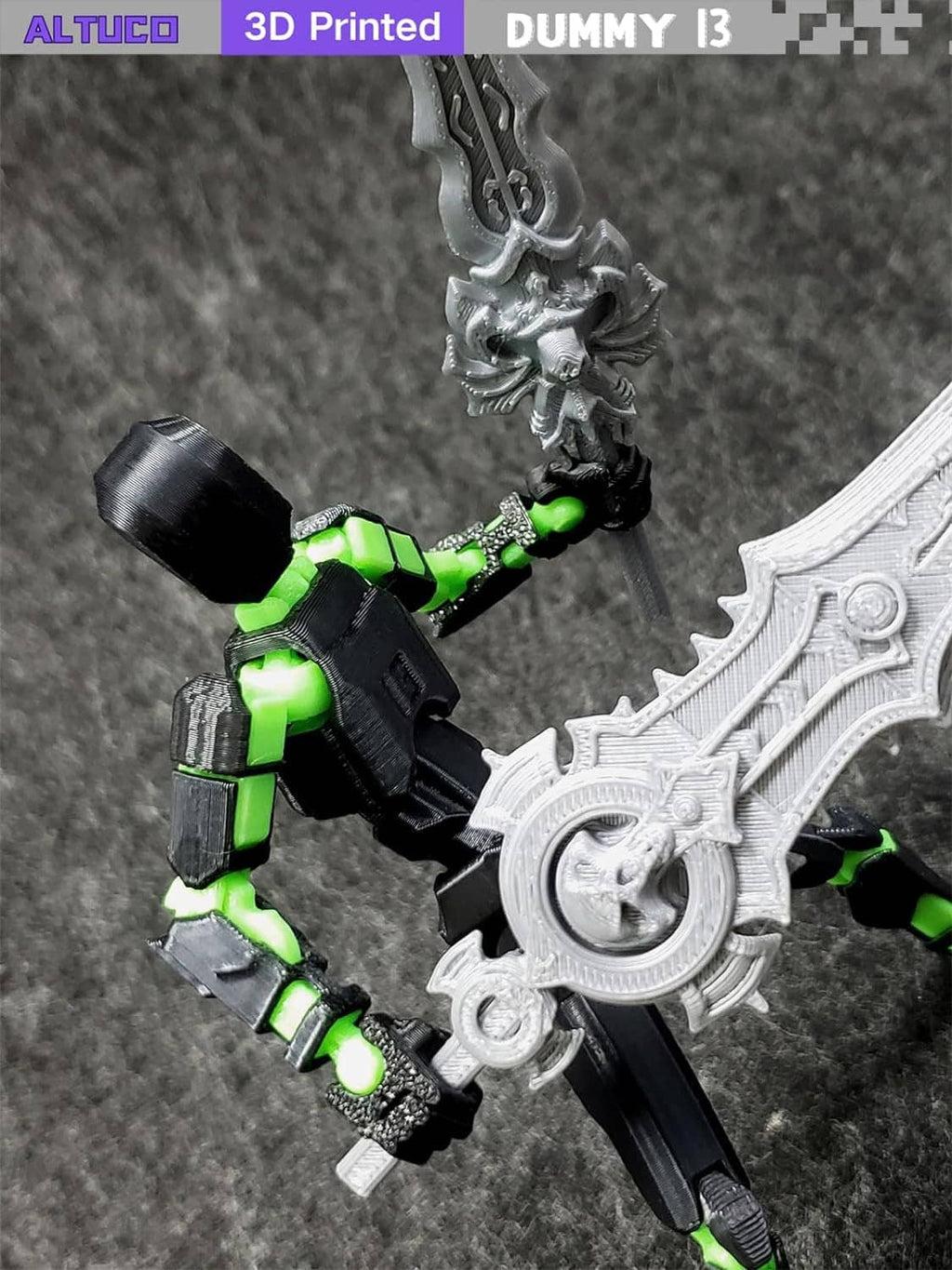 T13 green-and-black action figure holding ornate axe-like weapon with scythe
