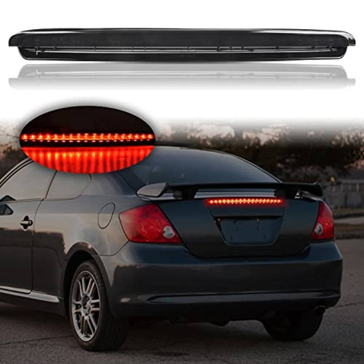 Smoked-lens LED third brake light bar, unlit with housing and mounting frame