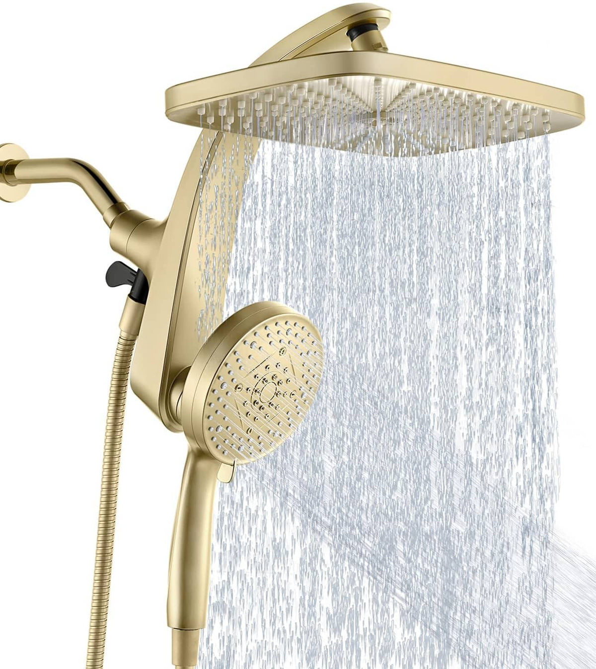 Gold rain shower head with handheld sprayer and flexible hose, overhead panel with nozzles