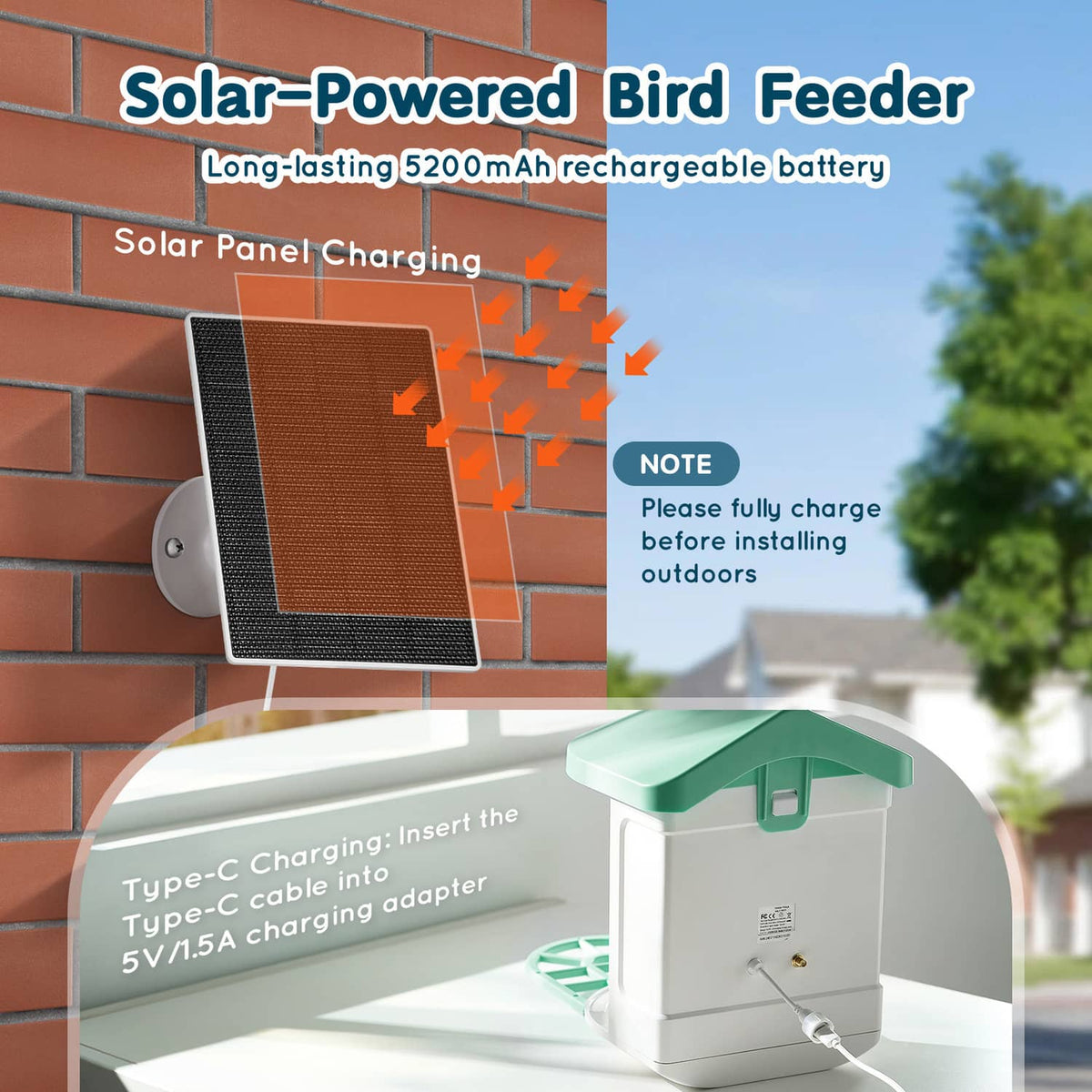 Solar-powered smart bird feeder with mint roof, white body, and black camera in seed chamber.