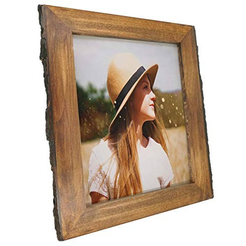Bark-edged wood picture frame, 8x10 photo insert visible from a slanted angle