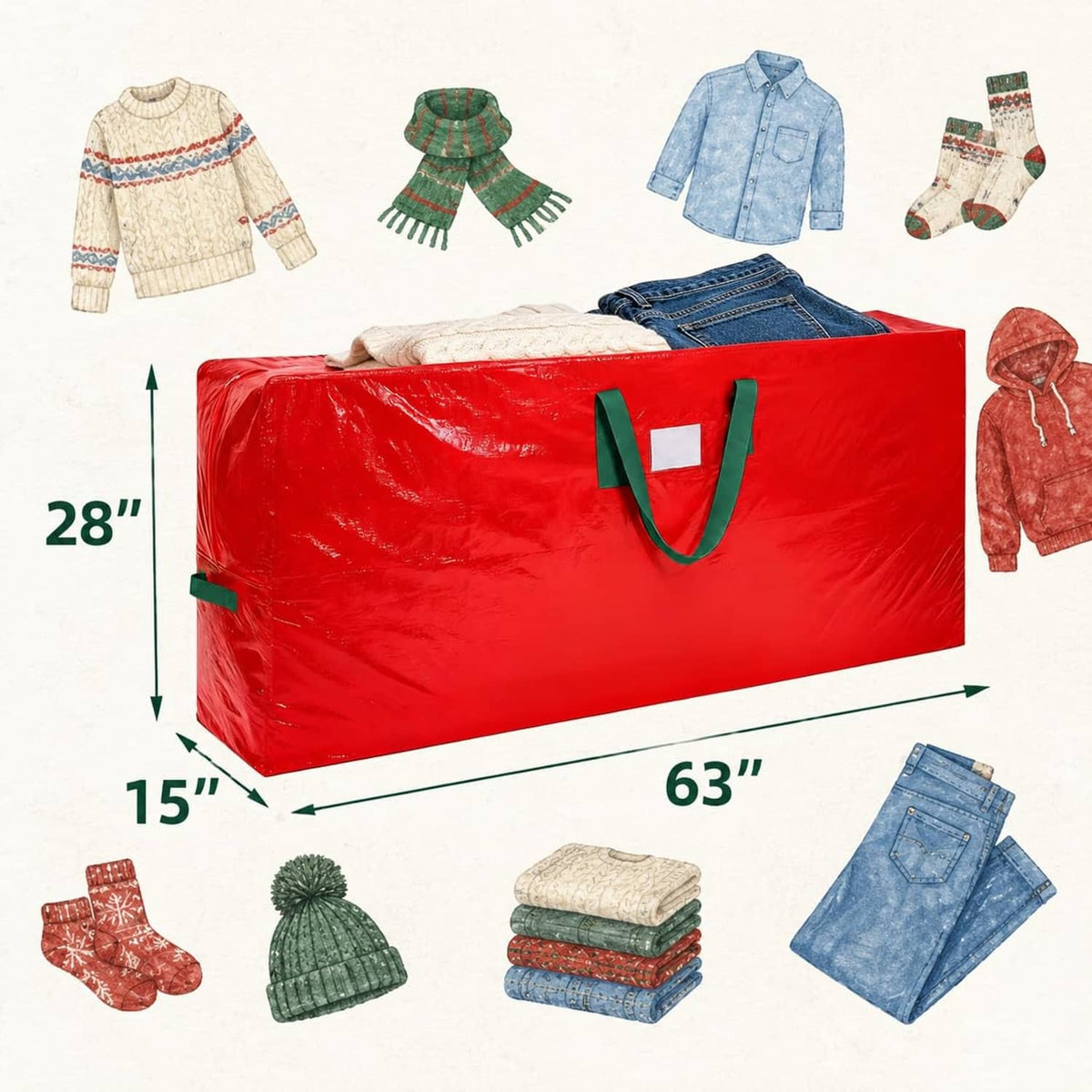 Red Christmas tree storage bag with green handles, shown filled with folded items