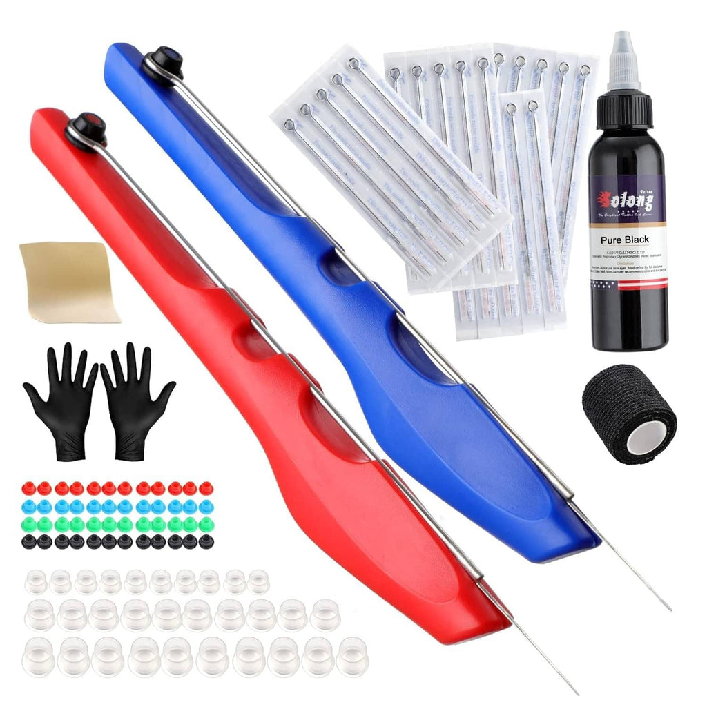 Red and blue tattoo poke-a-stick kit with needle tips, ink bottle, and starter caps