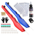 Red and blue tattoo poke-a-stick kit with needle tips, ink bottle, and starter caps