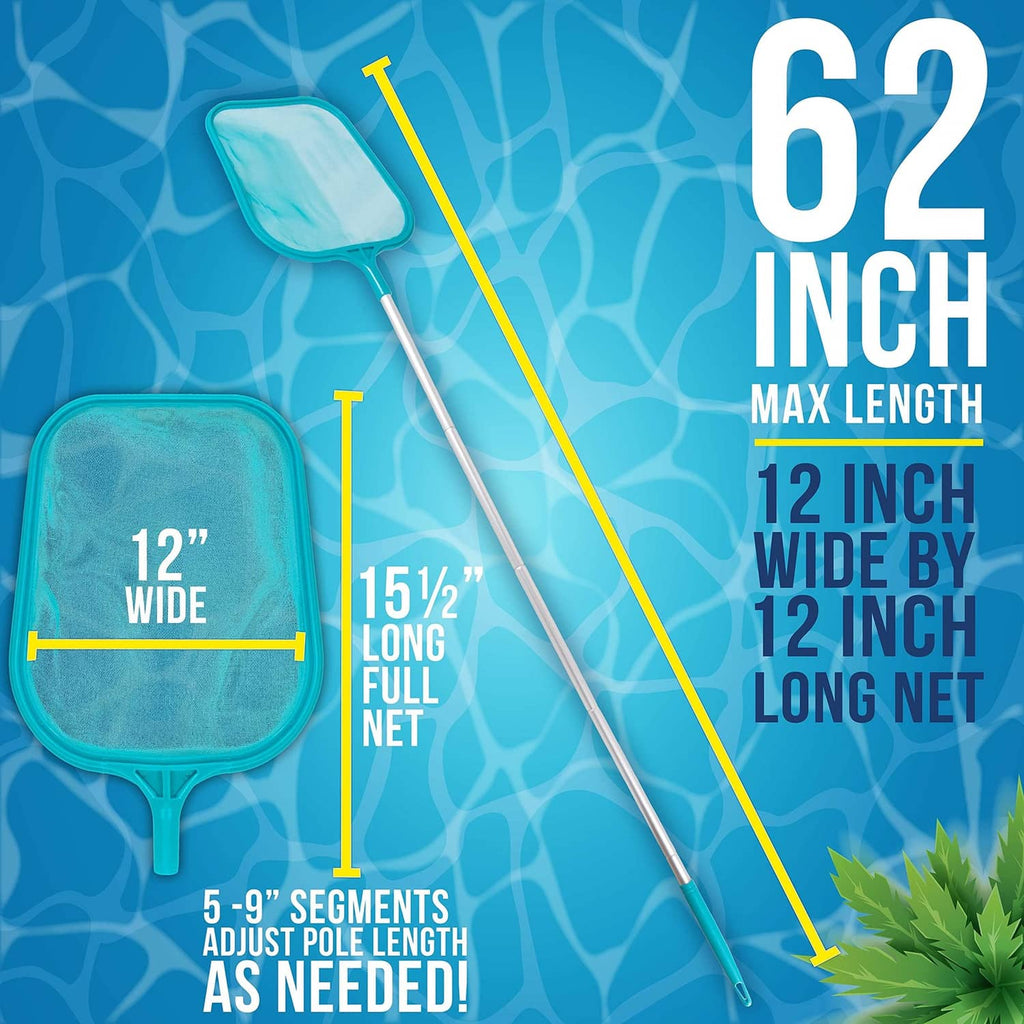 Teal leaf skimmer net with long white adjustable pole and fine mesh scoop