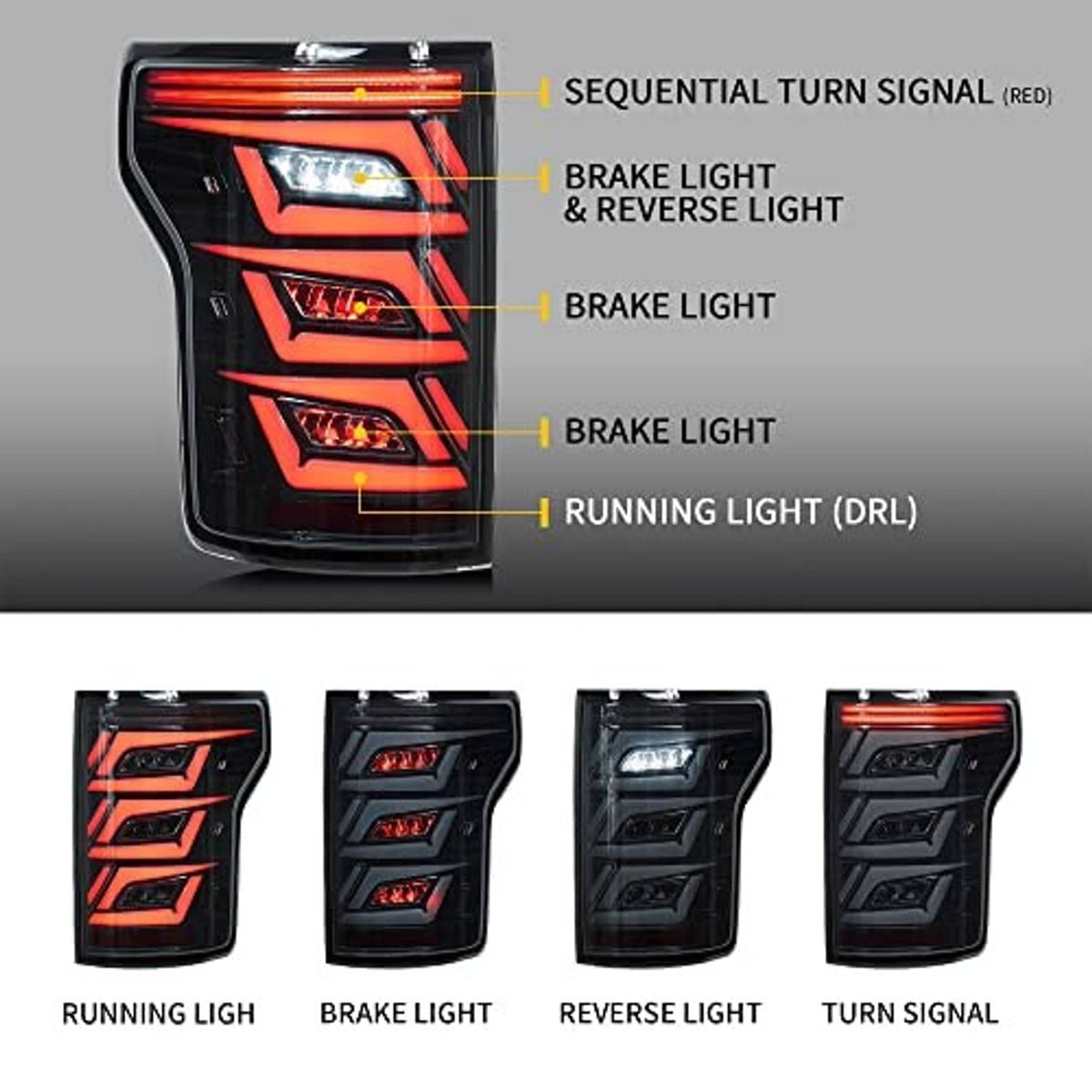 Smoked LED tail light with multiple light areas for turn, brake, reverse, and DRL