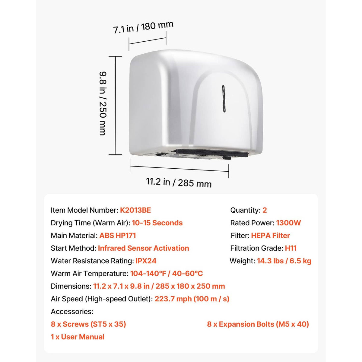 Automatic hand dryer size diagram with wall-mounted white housing