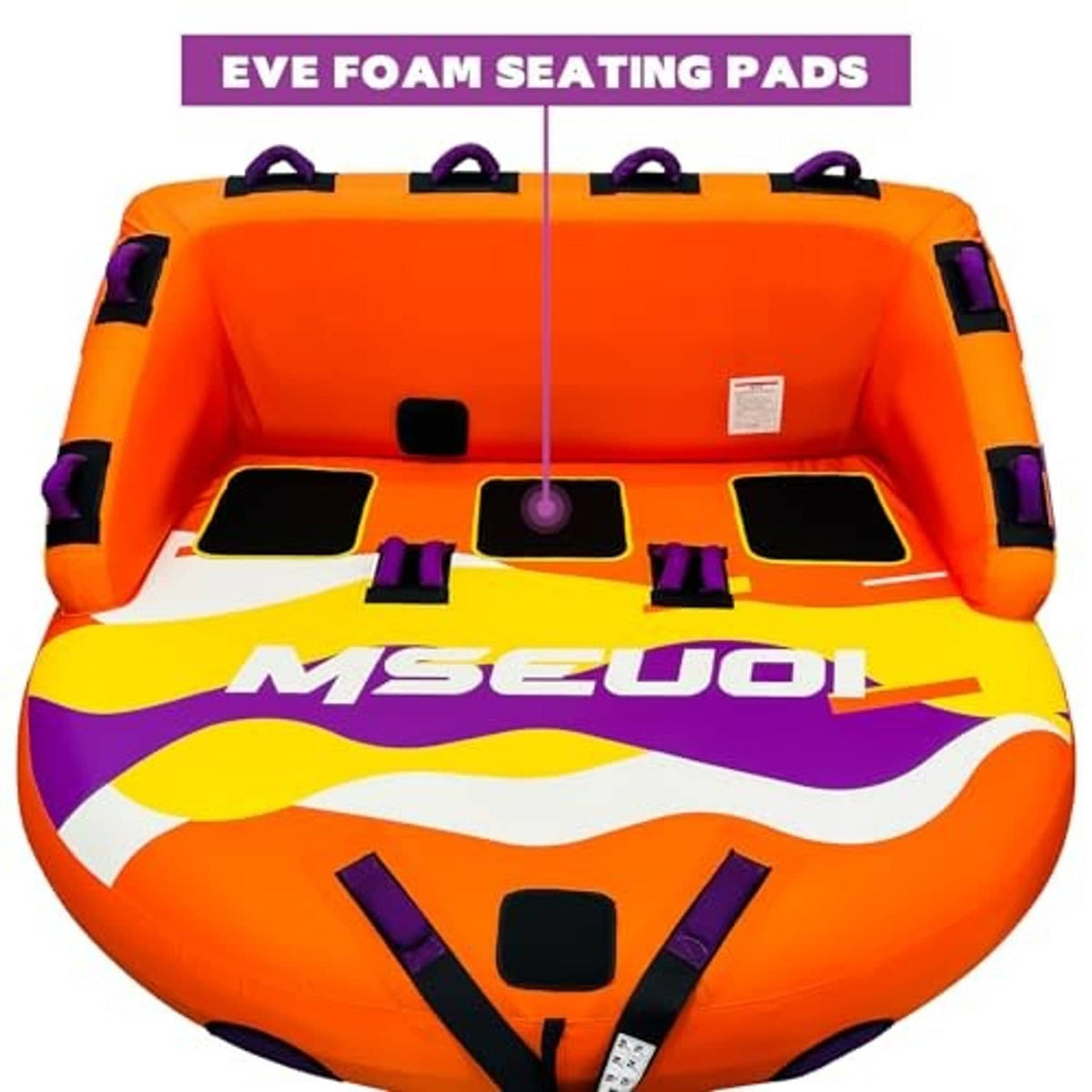 Orange inflatable towable tube with foam seating pads and front window-like openings