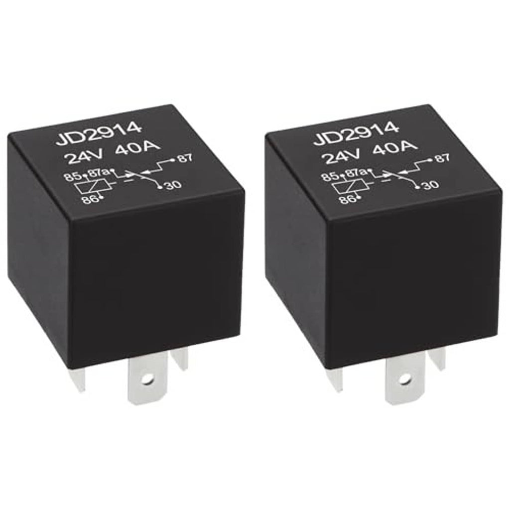 Pair of automotive relays, black cube bodies labeled “JD2914 24V 40A” with pins