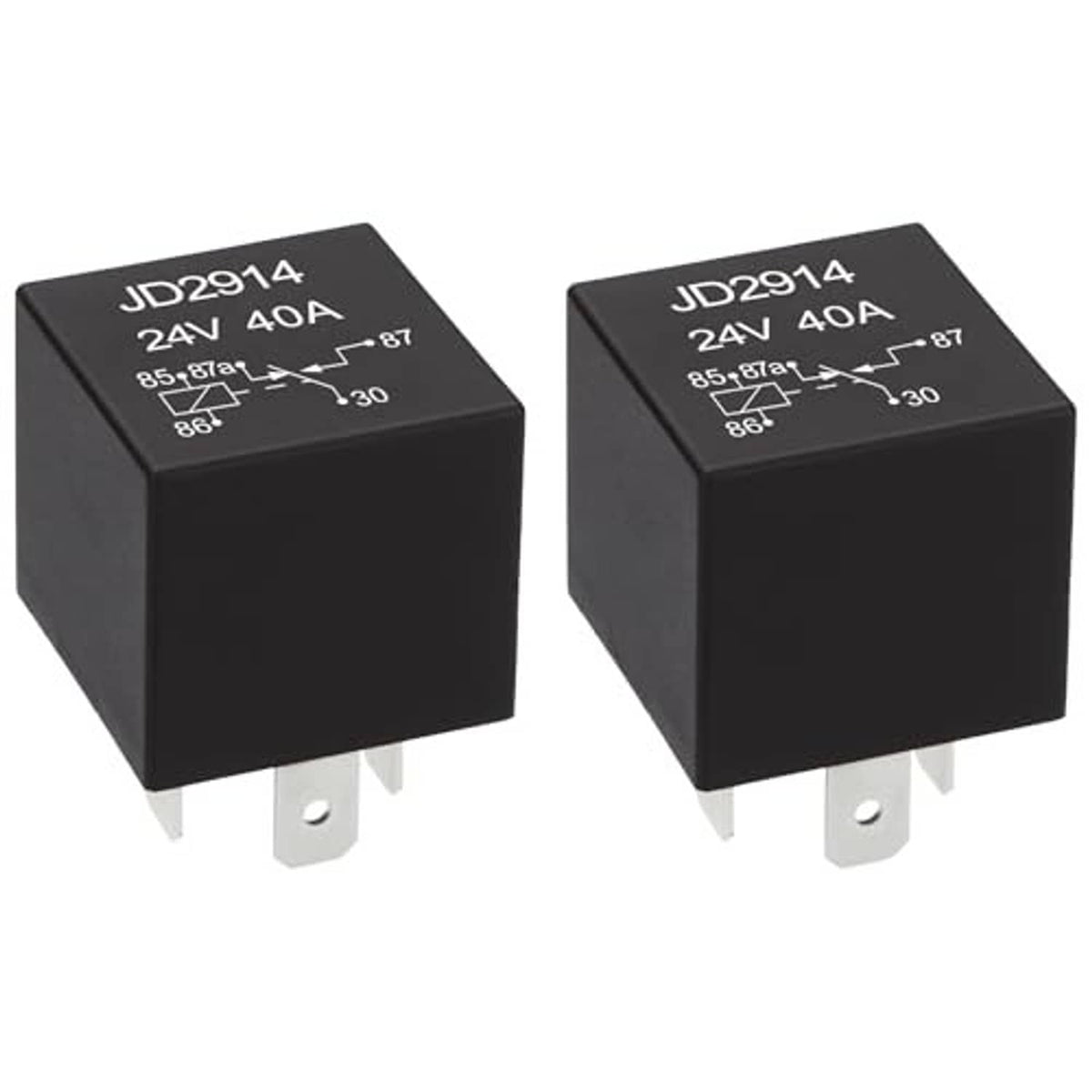 Pair of automotive relays, black cube bodies labeled “JD2914 24V 40A” with pins