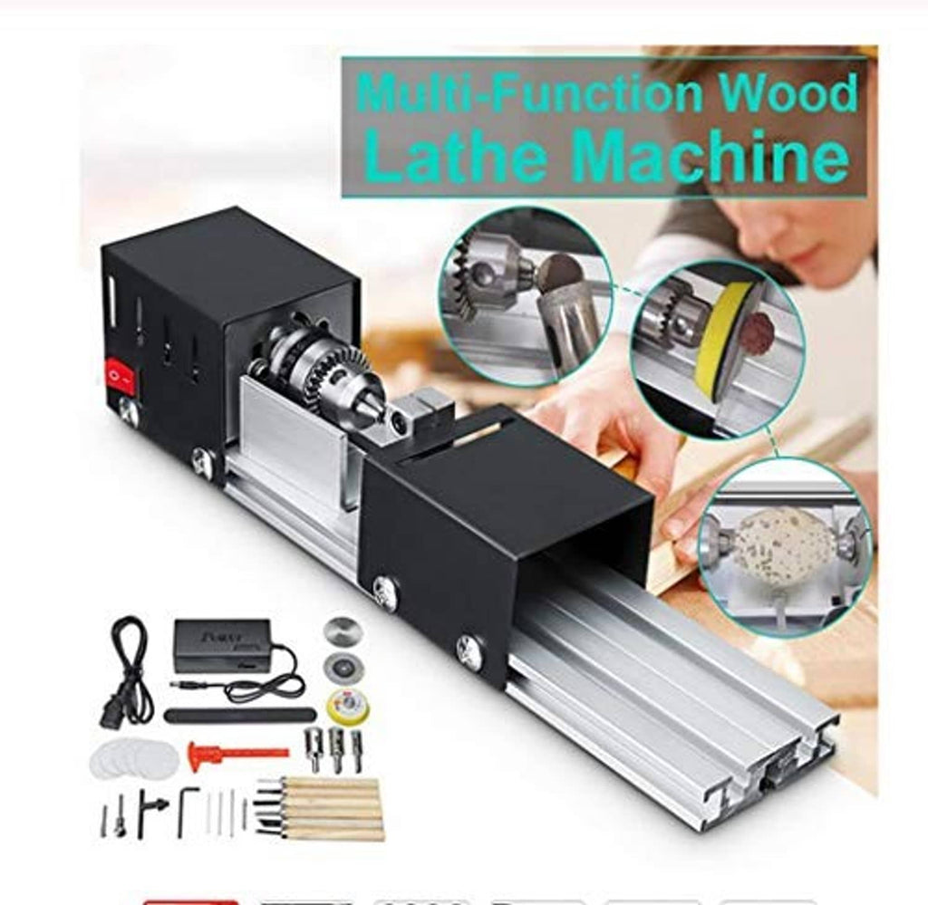Compact wood lathe machine with metal bed and two black tool housings