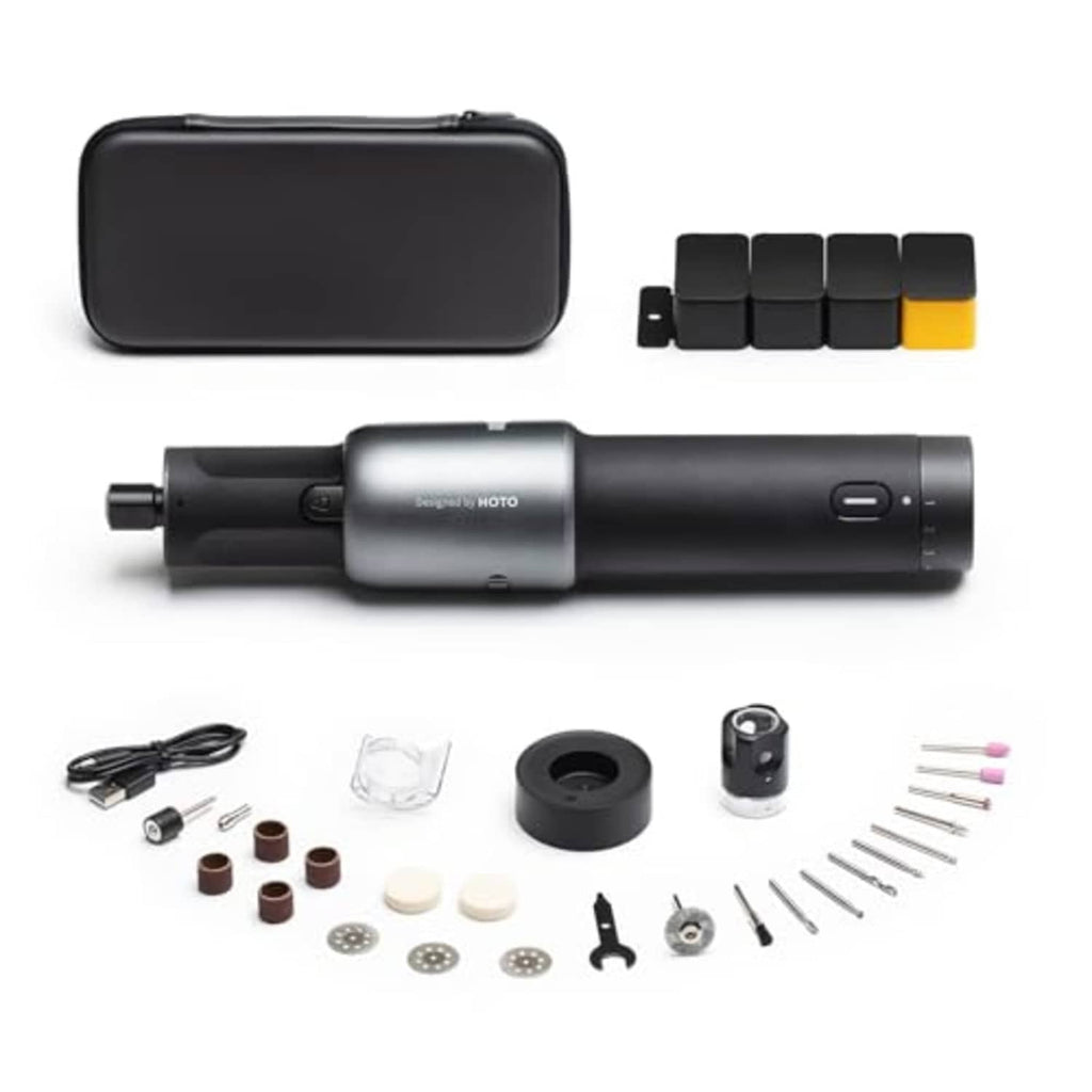 Cordless rotary tool kit with black storage case and sanding/grinding accessory bits