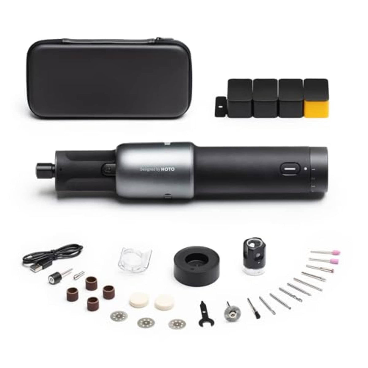 Cordless rotary tool kit with black storage case and sanding/grinding accessory bits