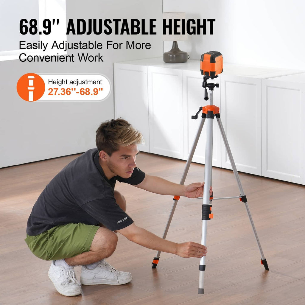 Laser level tripod with orange unit mounted on silver legs, adjusting height