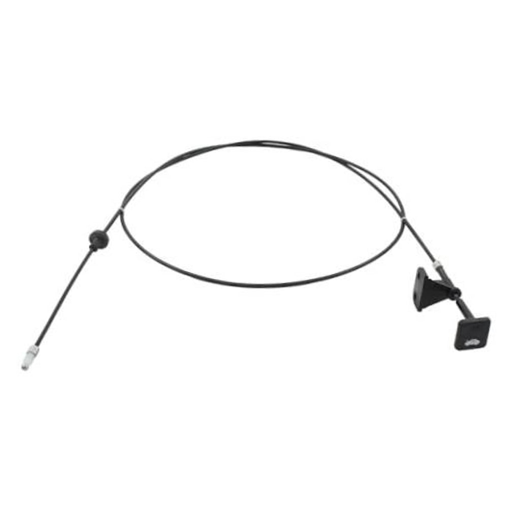 Hood latch release pull cable with black handle and metal loop end, for car repairs