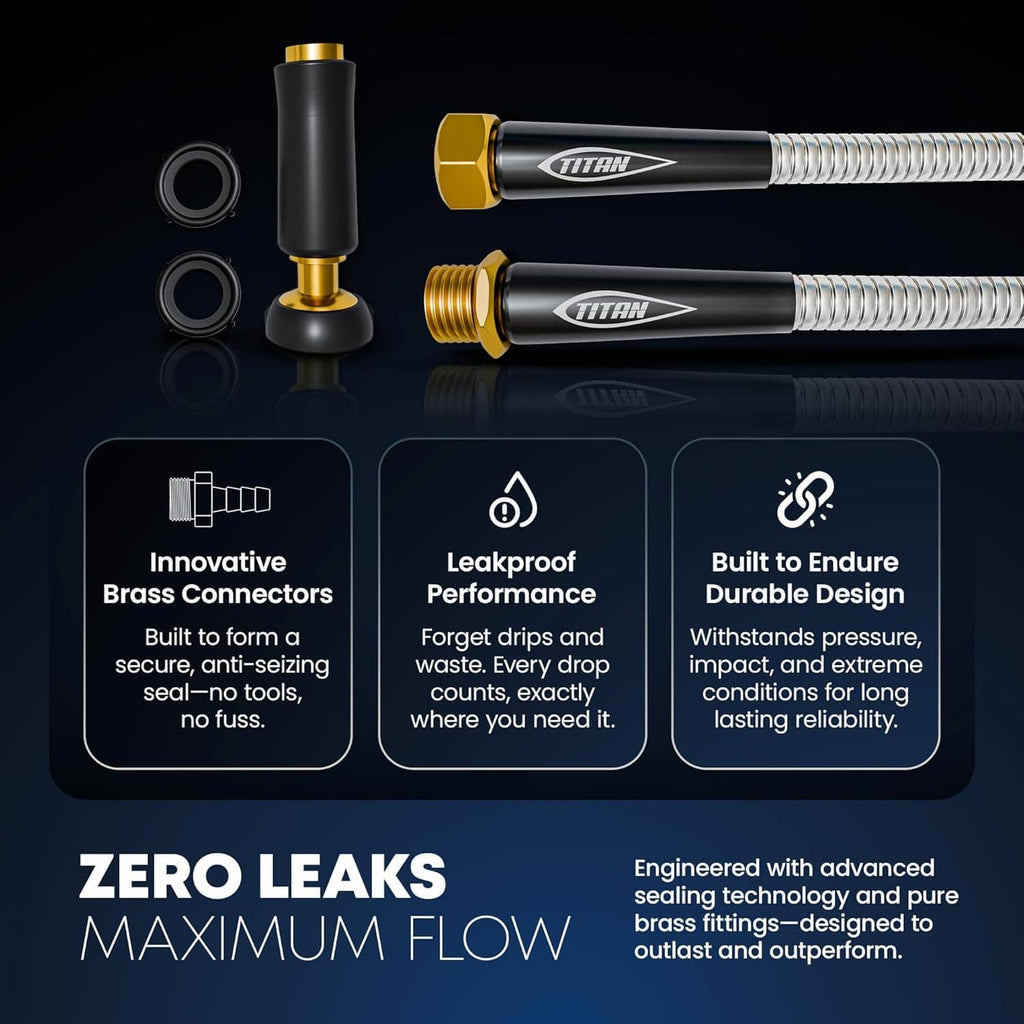 Stainless steel garden hose with black nozzle, gold brass connectors, and coiled tubing