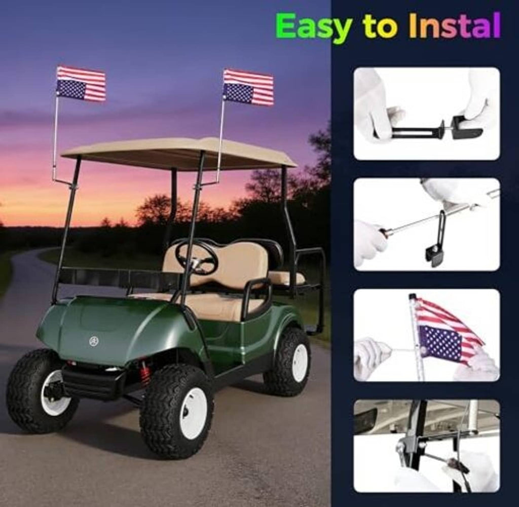 Golf cart whip lights with easy installation steps shown on a cart