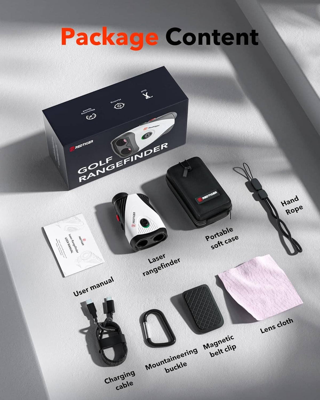 Golf rangefinder box contents with device, accessories, user manual, and cloth