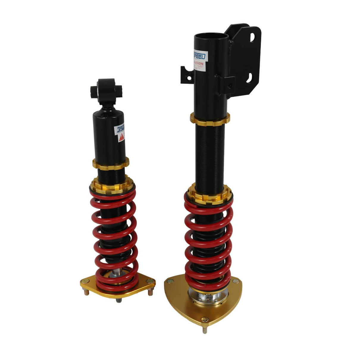 Two coilover struts with red springs, black dampers, gold bases, and black mounting brackets