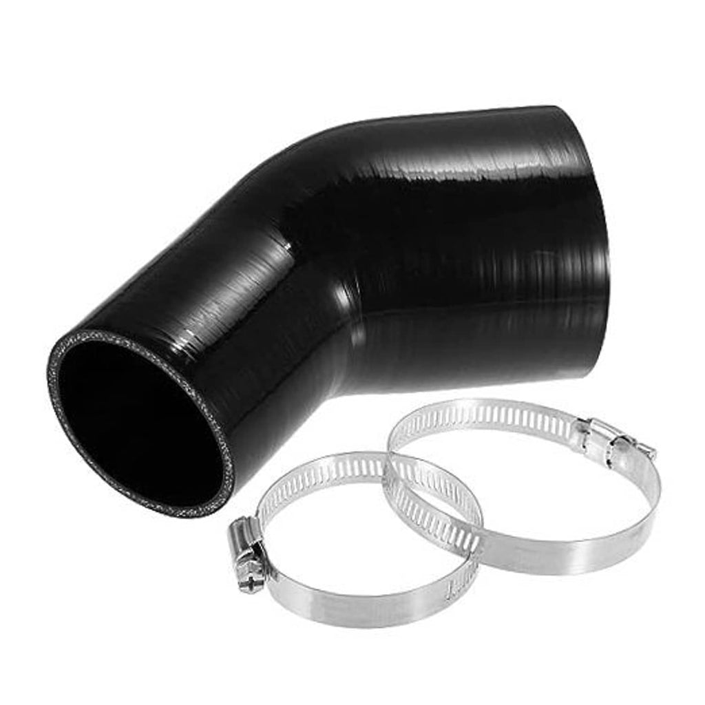 Black 45-degree silicone hose elbow reducer with two metal clamp bands