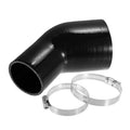 Black 45-degree silicone hose elbow reducer with two metal clamp bands