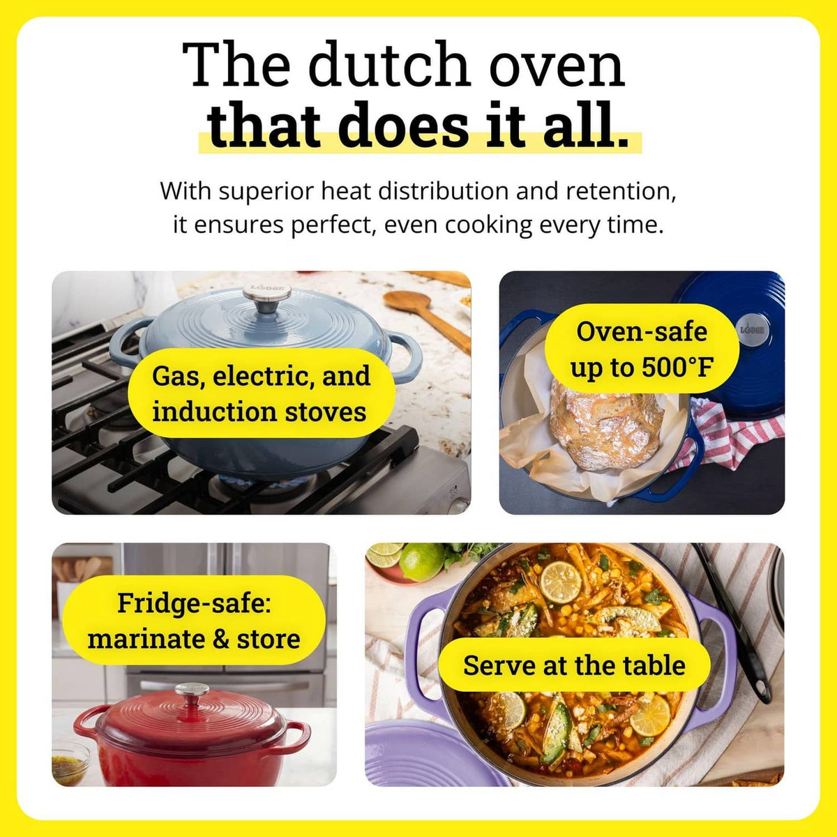 Dark enamel cast iron Dutch oven with lid, shown for stovetop and oven cooking