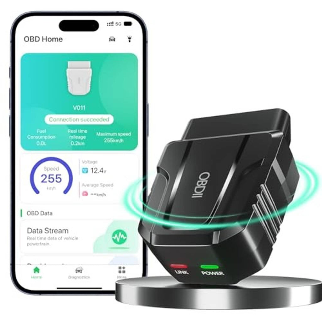 Black OBD2 Bluetooth scanner cradle with glowing power and link LEDs