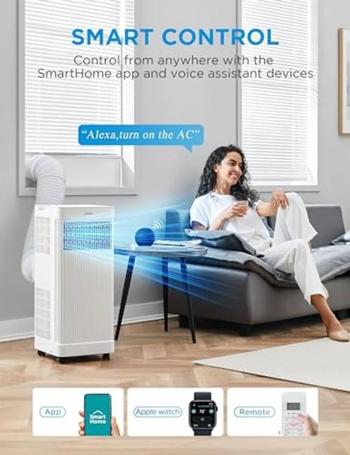 Portable air conditioner with SmartHome app and voice control shown