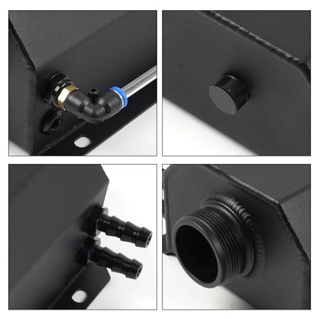 Black coolant overflow tank close-up showing hose fittings and cap detail