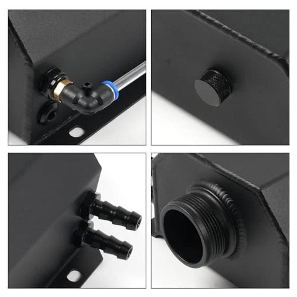 Black coolant overflow tank close-up showing hose fittings and cap detail
