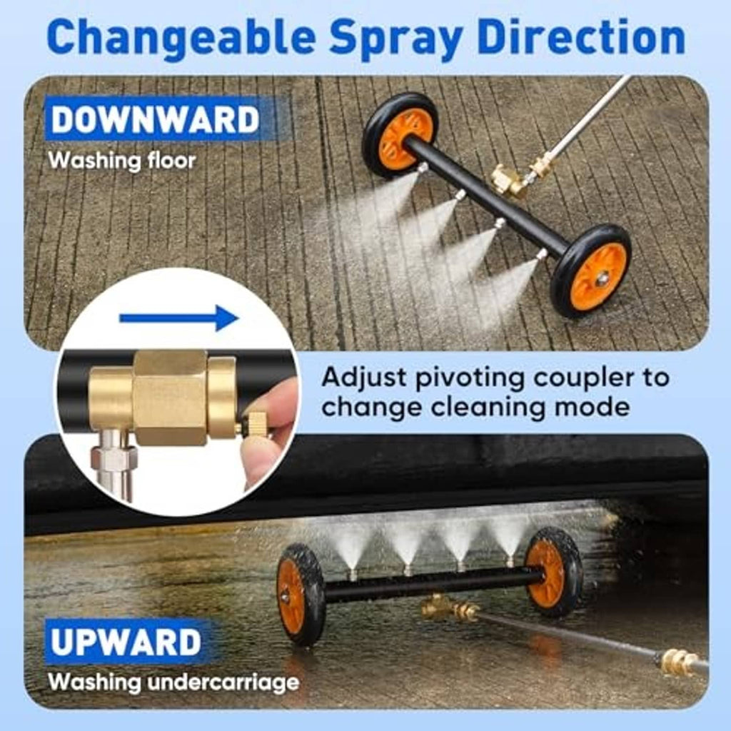 Undercarriage pressure washer wand with adjustable spray direction for upward and downward cleaning