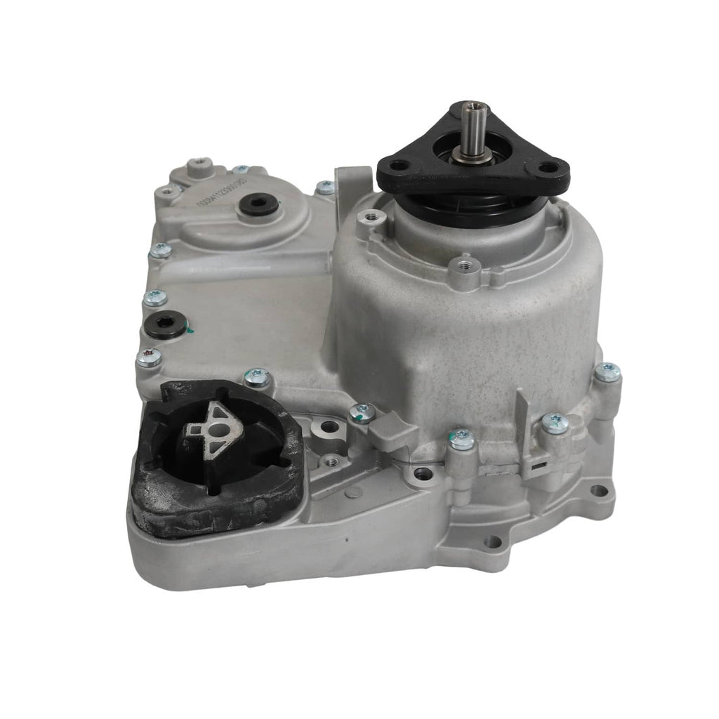 Transfer case assembly with black bushing, round seal openings, and mounting bolts