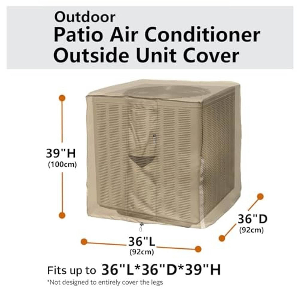 Outdoor air conditioner unit cover in tan with front vent opening and size outline