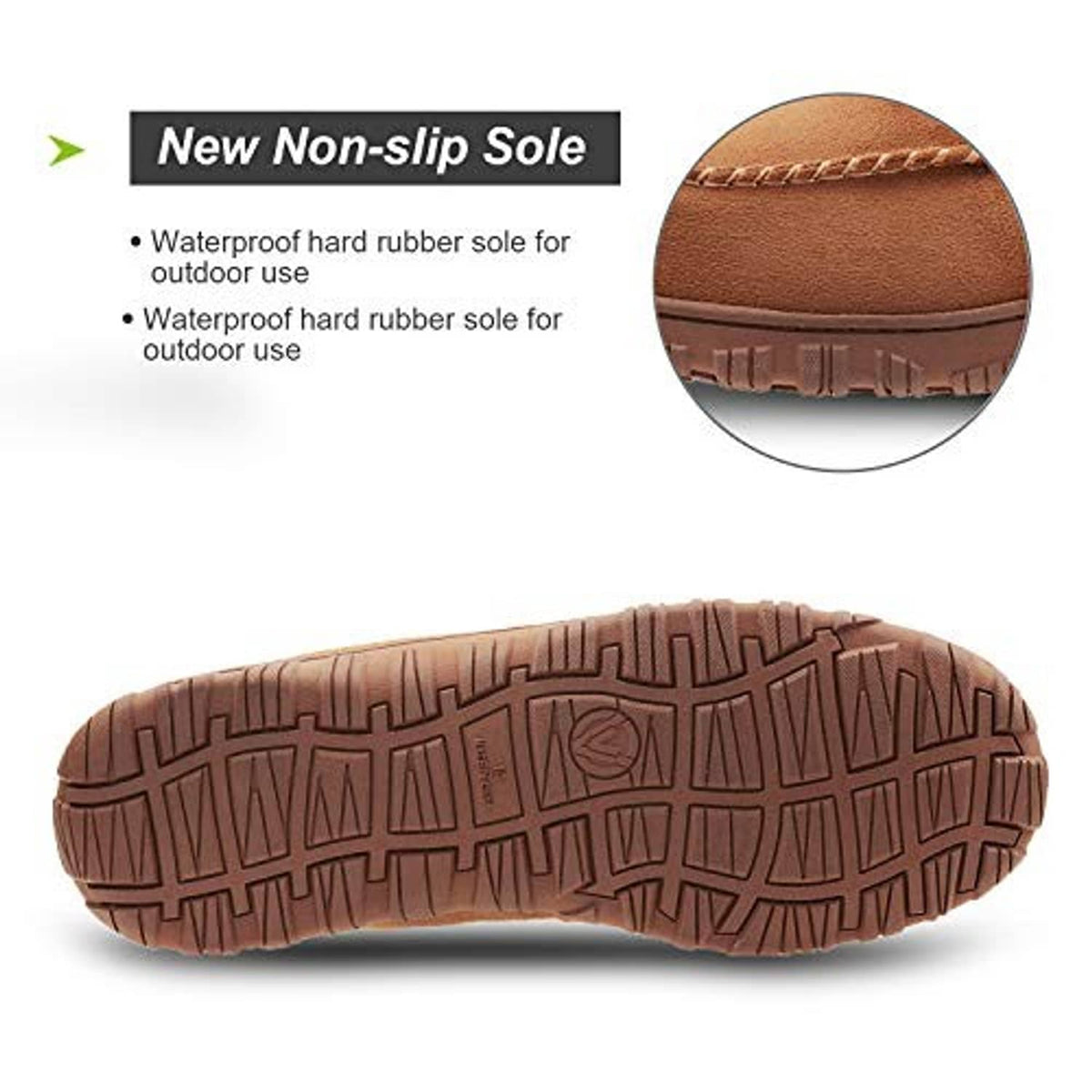 Brown moccasin slipper outsole with textured rubber tread bottom