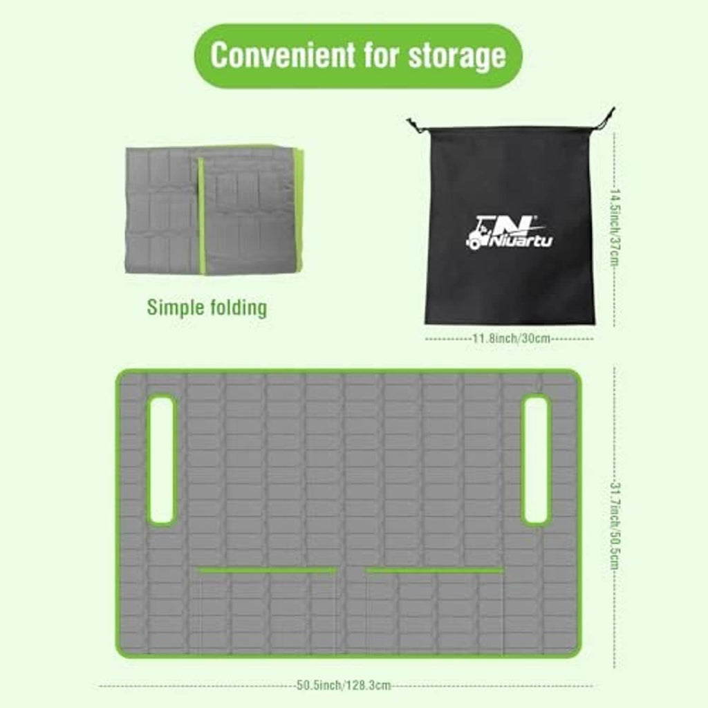 Foldable gray seat cover sheet with green carry handles and stitched quilt pattern