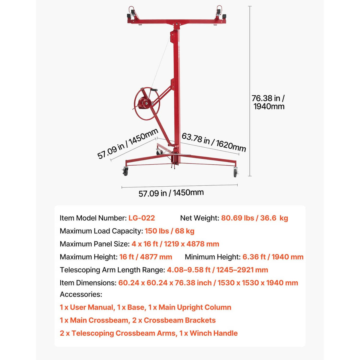 Red drywall hoist dimension view with winch, support frame, and four-wheel base