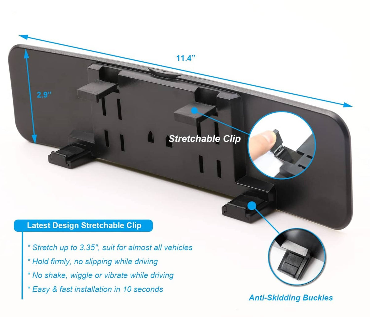 Clip-on rear view mirror back plate with stretchable clip and anti-skid buckles